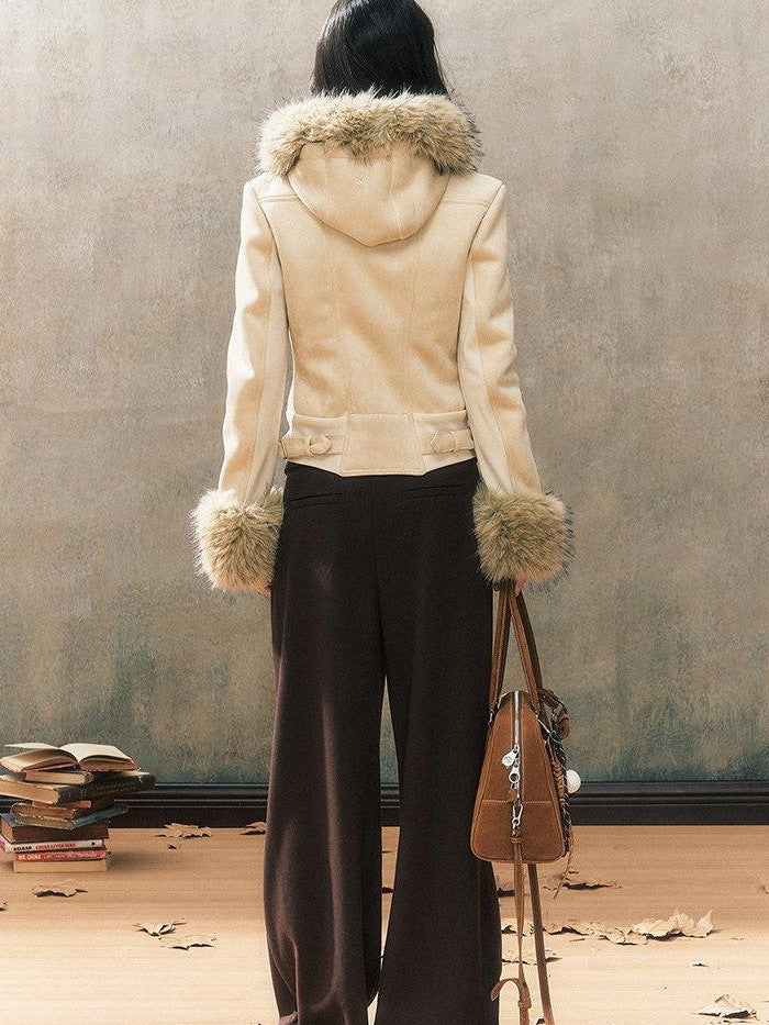 7Shiftin Two Tone Hooded Large Fur Collar Slim Women&