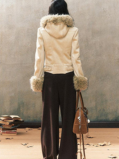 7Shiftin Two Tone Hooded Large Fur Collar Slim Women&