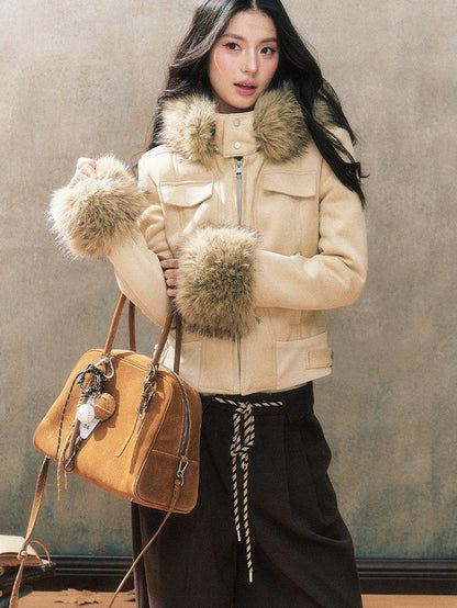 7Shiftin Two Tone Hooded Large Fur Collar Slim Women&