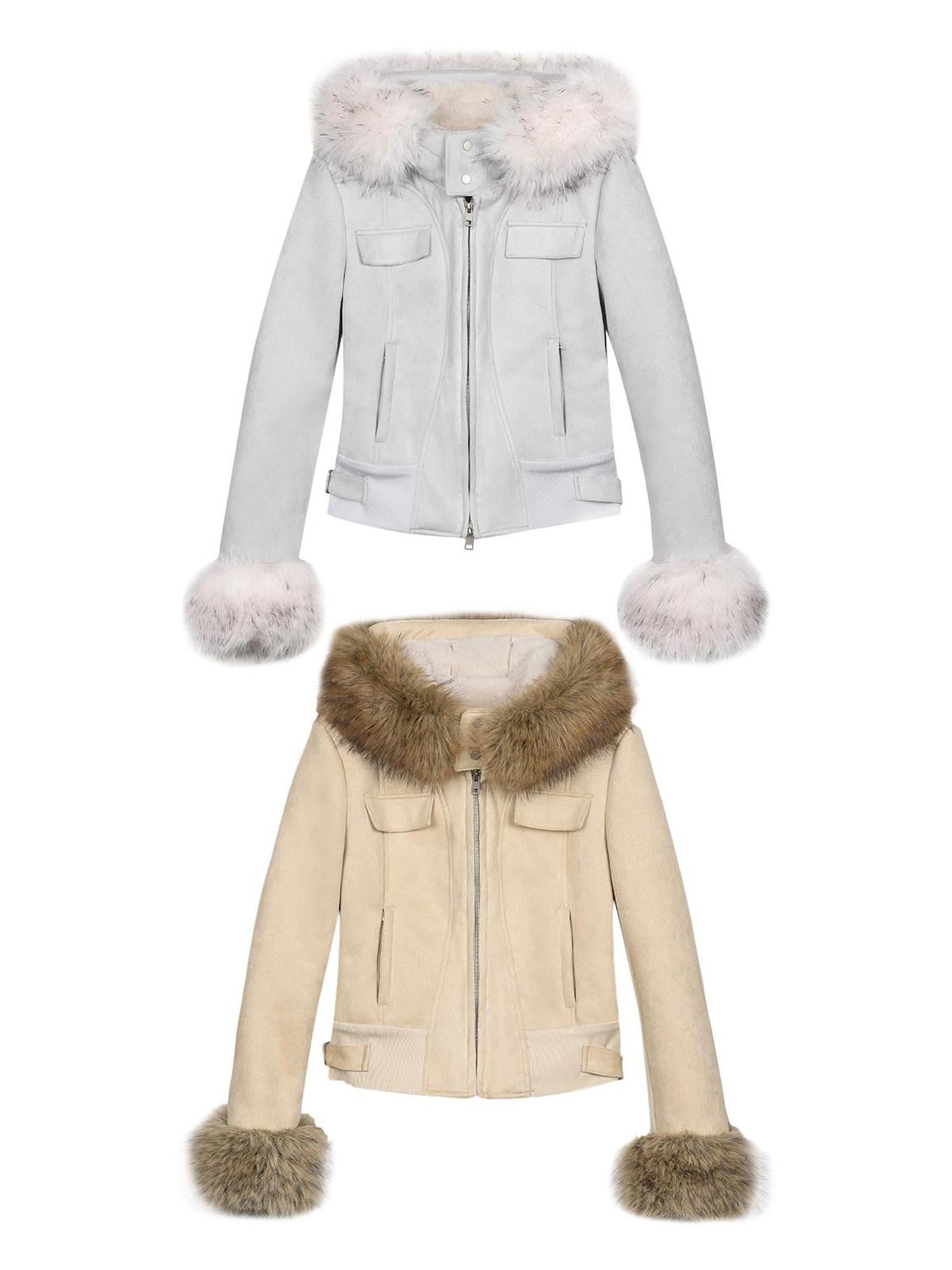 7Shiftin Two Tone Hooded Large Fur Collar Slim Women&