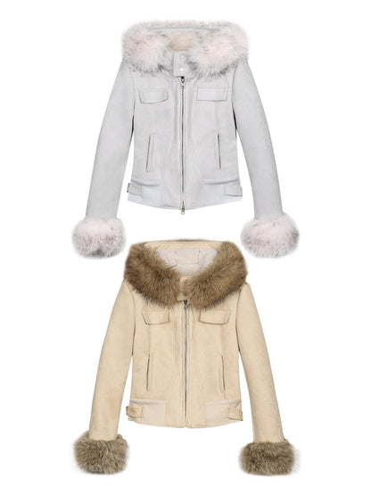 7Shiftin Two Tone Hooded Large Fur Collar Slim Women&