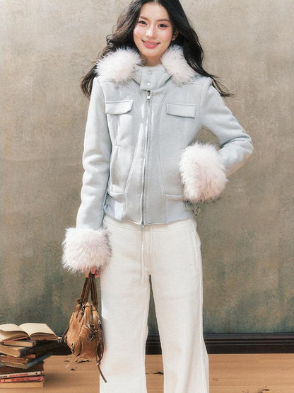 7Shiftin Two Tone Hooded Large Fur Collar Slim Women&