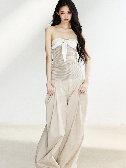 7Shiftin Two Tone Striped Bow Bustier Loose Fit Two Piece Women&