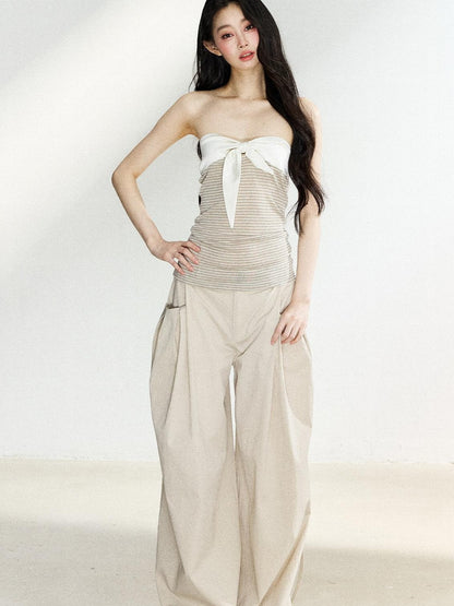 7Shiftin Two Tone Striped Bow Bustier Loose Fit Two Piece Women&