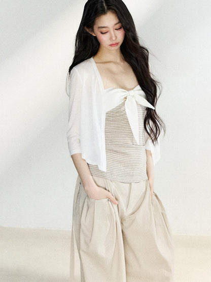 7Shiftin Two Tone Striped Bow Bustier Loose Fit Two Piece Women&