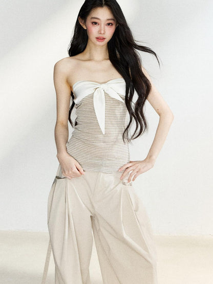 7Shiftin Two Tone Striped Bow Bustier Loose Fit Two Piece Women&