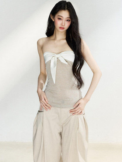 7Shiftin Two Tone Striped Bow Bustier Loose Fit Two Piece Women&