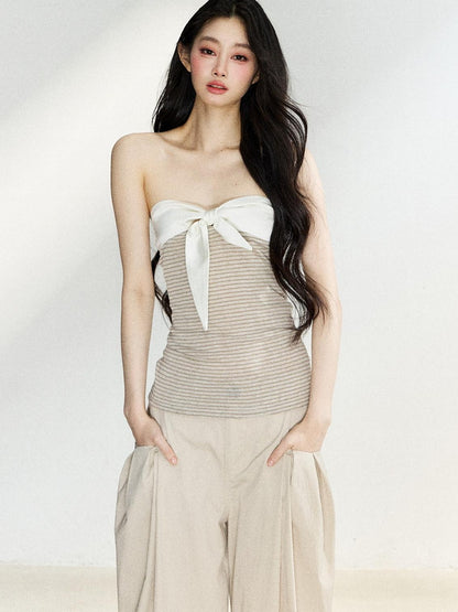 7Shiftin Two Tone Striped Bow Bustier Loose Fit Two Piece Women&