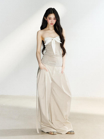 7Shiftin Two Tone Striped Bow Bustier Loose Fit Two Piece Women&
