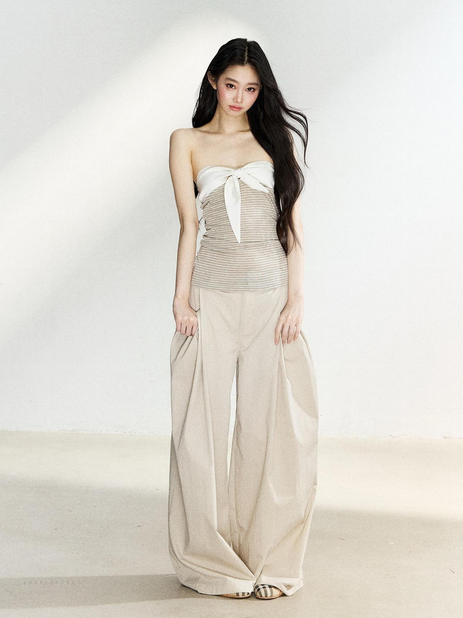 7Shiftin Two Tone Striped Bow Bustier Loose Fit Two Piece Women&