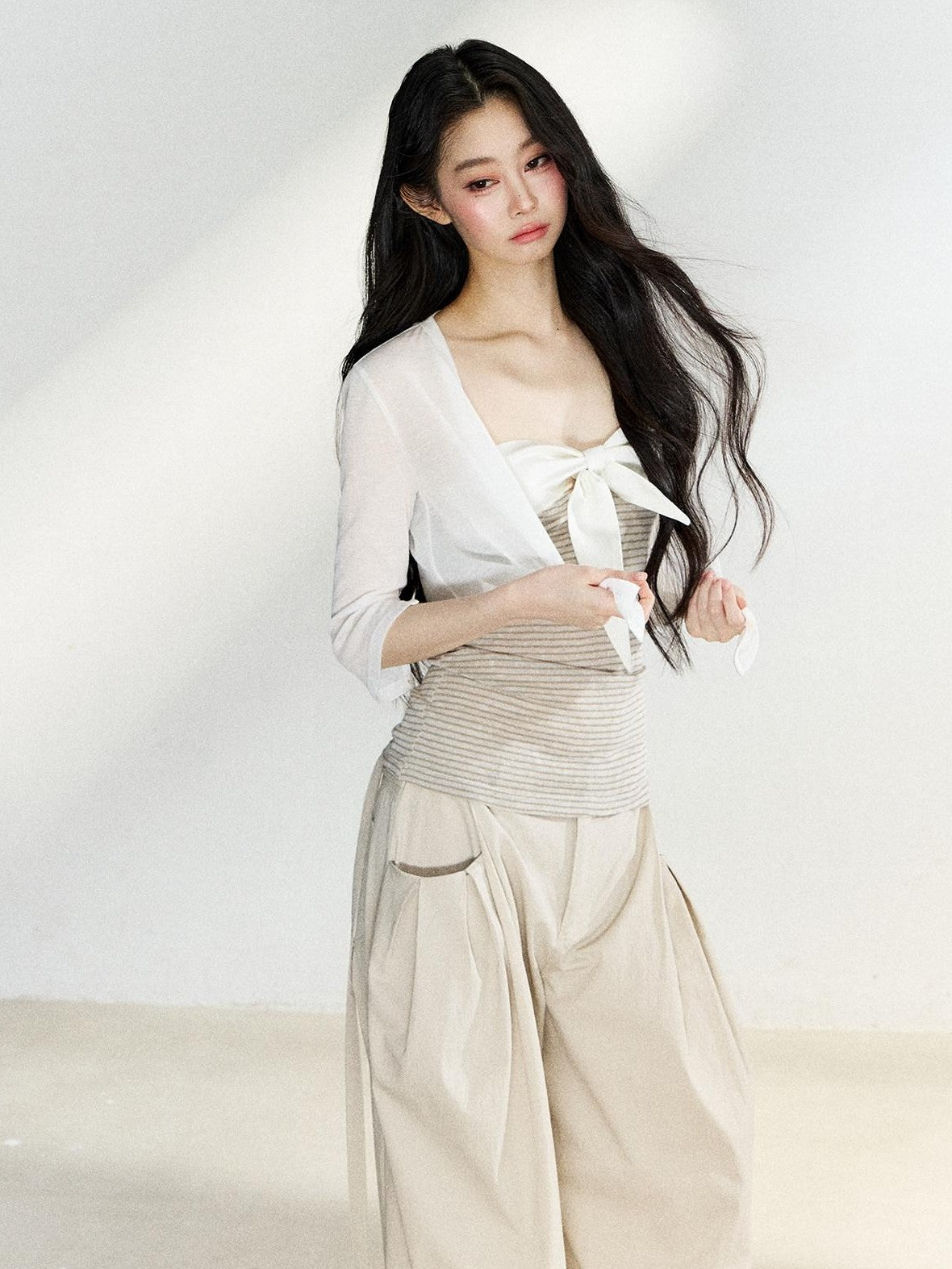 7Shiftin Two Tone Striped Bow Bustier Loose Fit Two Piece Women&