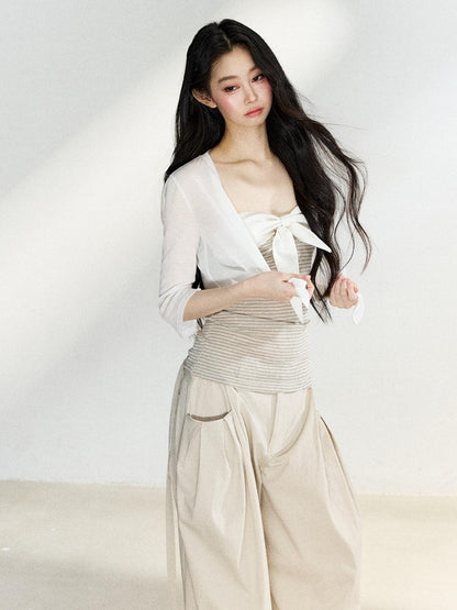 7Shiftin Two Tone Striped Bow Bustier Loose Fit Two Piece Women&