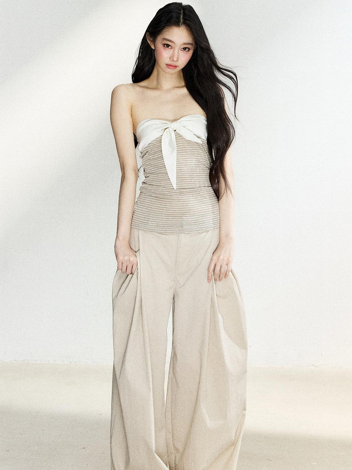 7Shiftin Two Tone Striped Bow Bustier Loose Fit Two Piece Women&