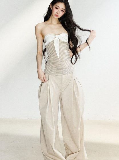 7Shiftin Two Tone Striped Bow Bustier Loose Fit Two Piece Women&