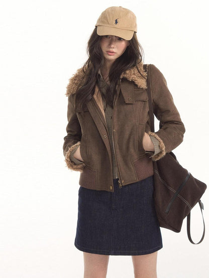 7Shiftin Vintage Faux Fur Collar Zip Metal Buckle Utility Women&
