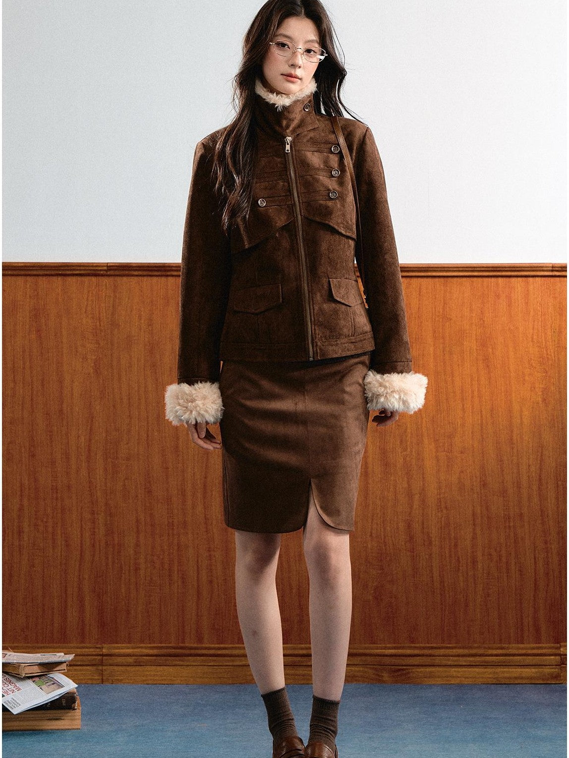 7Shiftin Vintage Faux Suede Napoleon Fluffy Fleece Symmetrical Button Women&