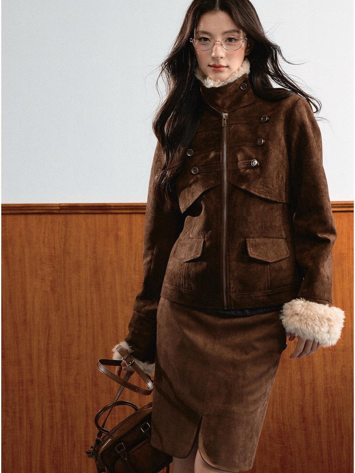 7Shiftin Vintage Faux Suede Napoleon Fluffy Fleece Symmetrical Button Women&