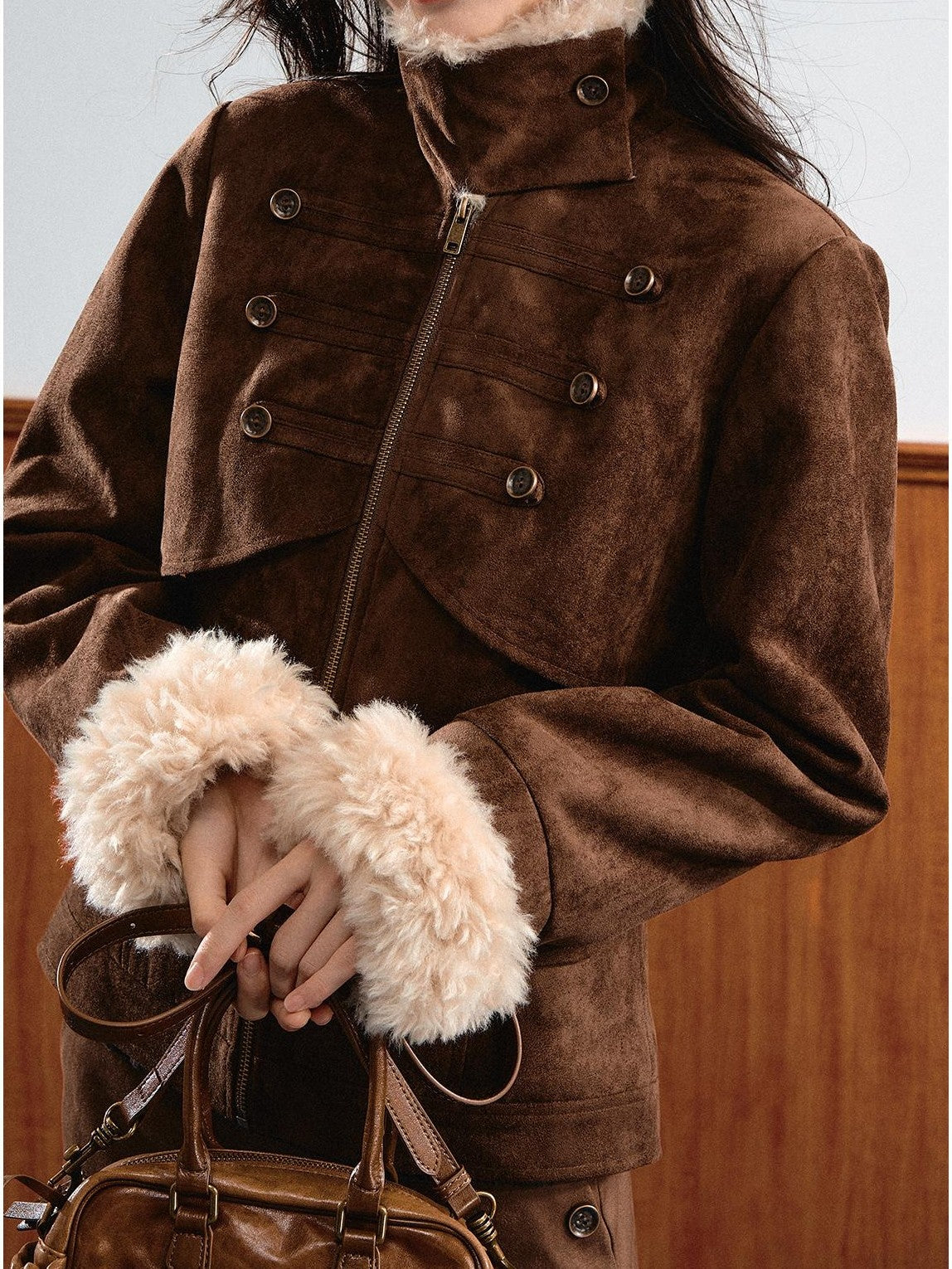 7Shiftin Vintage Faux Suede Napoleon Fluffy Fleece Symmetrical Button Women&