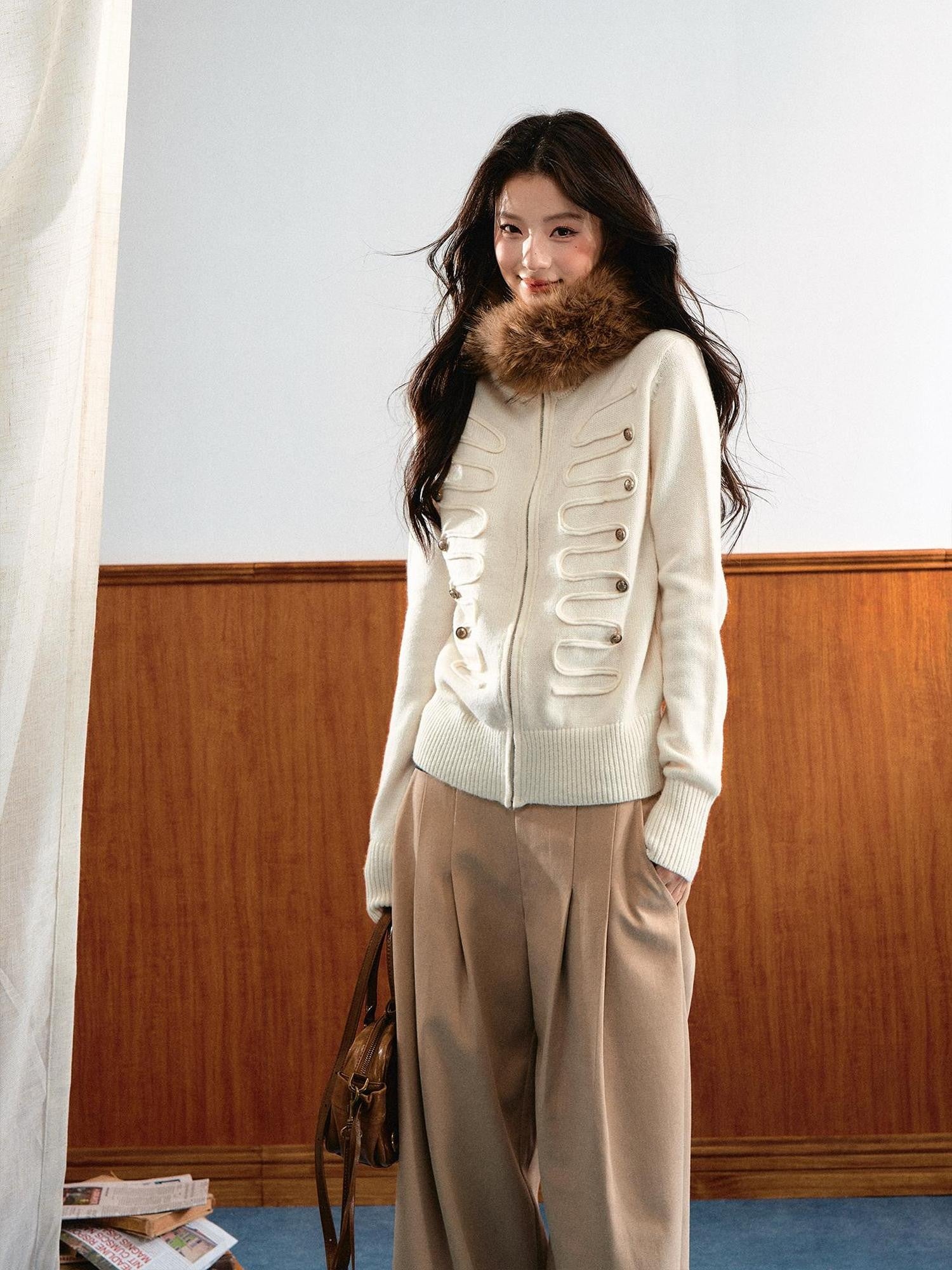 7Shiftin Vintage Napoleon Removable Fur Collar Zipper Women&