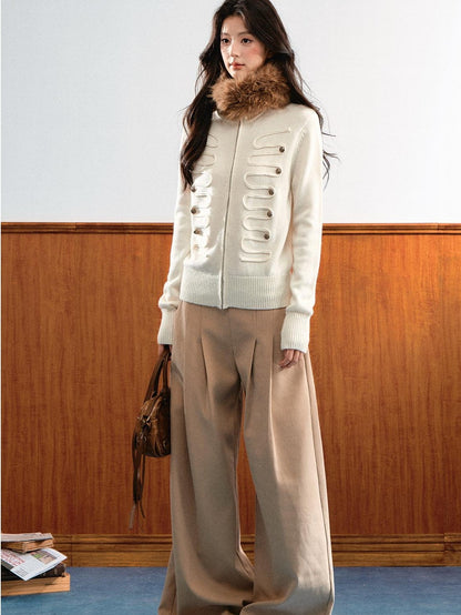 7Shiftin Vintage Napoleon Removable Fur Collar Zipper Women&