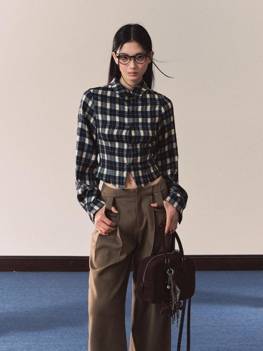 7Shiftin Vintage Plaid Slim Fit Stand Collar Women&