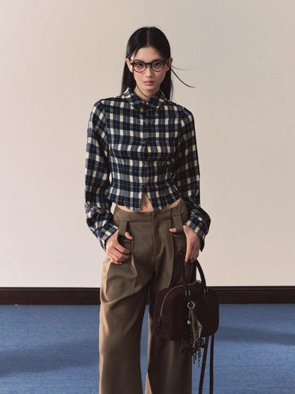7Shiftin Vintage Plaid Slim Fit Stand Collar Women&
