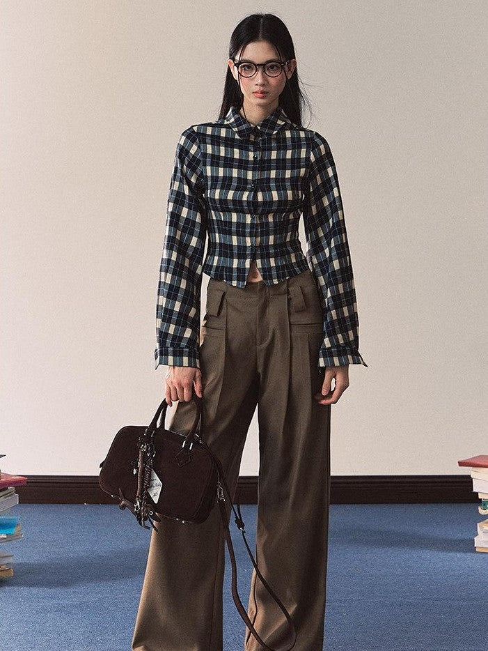 7Shiftin Vintage Plaid Slim Fit Stand Collar Women&
