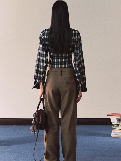 7Shiftin Vintage Plaid Slim Fit Stand Collar Women&