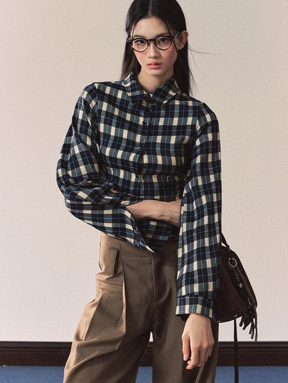 7Shiftin Vintage Plaid Slim Fit Stand Collar Women&