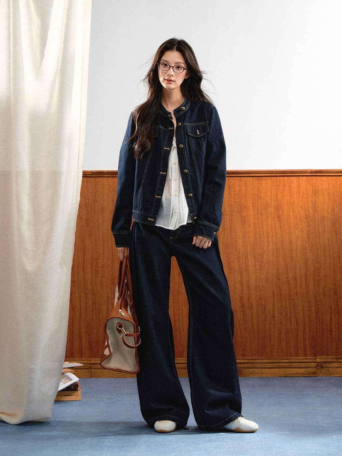 7Shiftin Washed Denim Contrast Gold Button Crewneck Women&