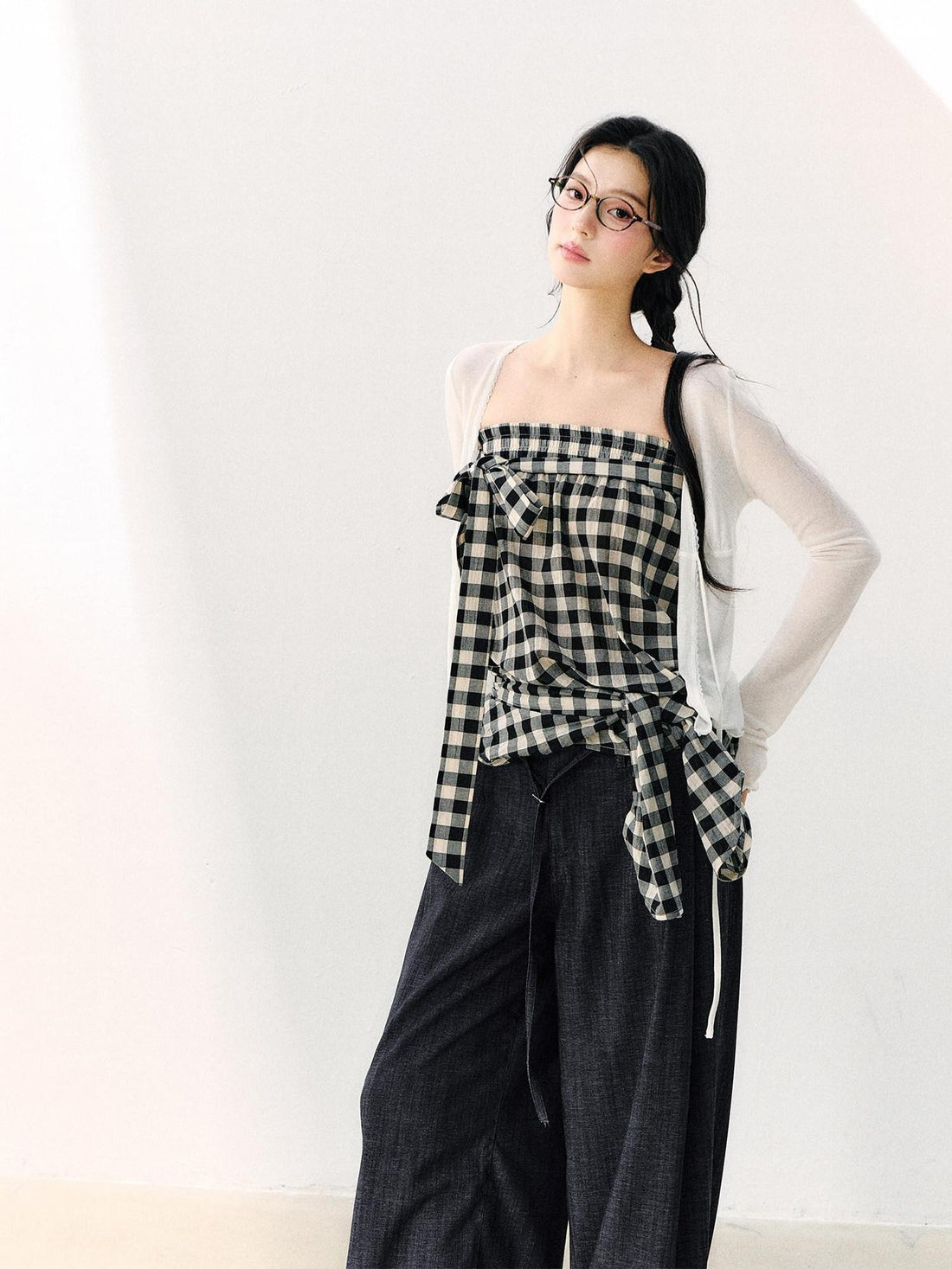 7Shiftin Washed Plaid One Shoulder Bow Ruched Waist Spliced Women&