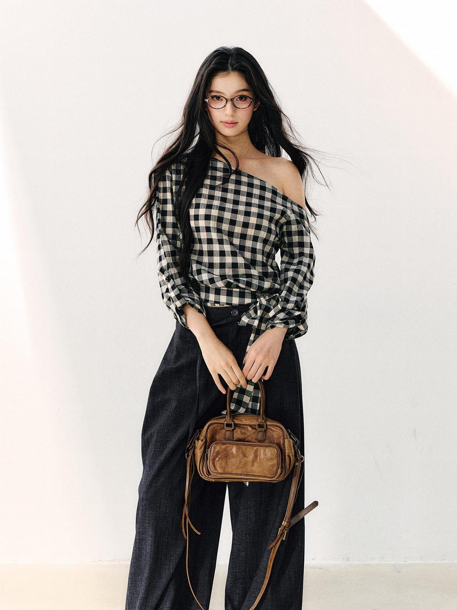 7Shiftin Washed Plaid One Shoulder Bow Ruched Waist Spliced Women&