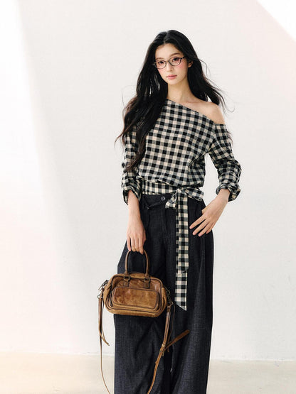7Shiftin Washed Plaid One Shoulder Bow Ruched Waist Spliced Women&