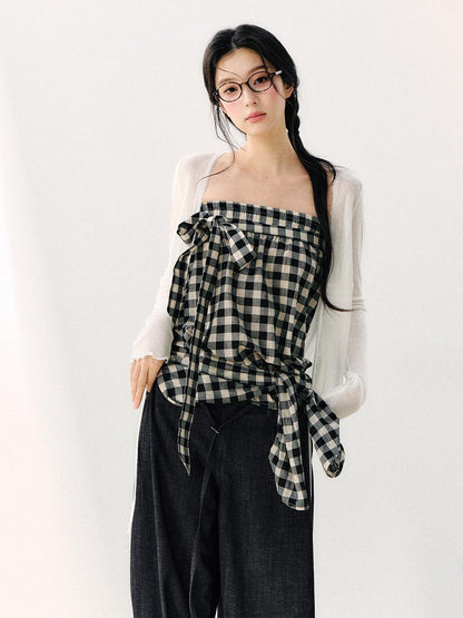 7Shiftin Washed Plaid One Shoulder Bow Ruched Waist Spliced Women&
