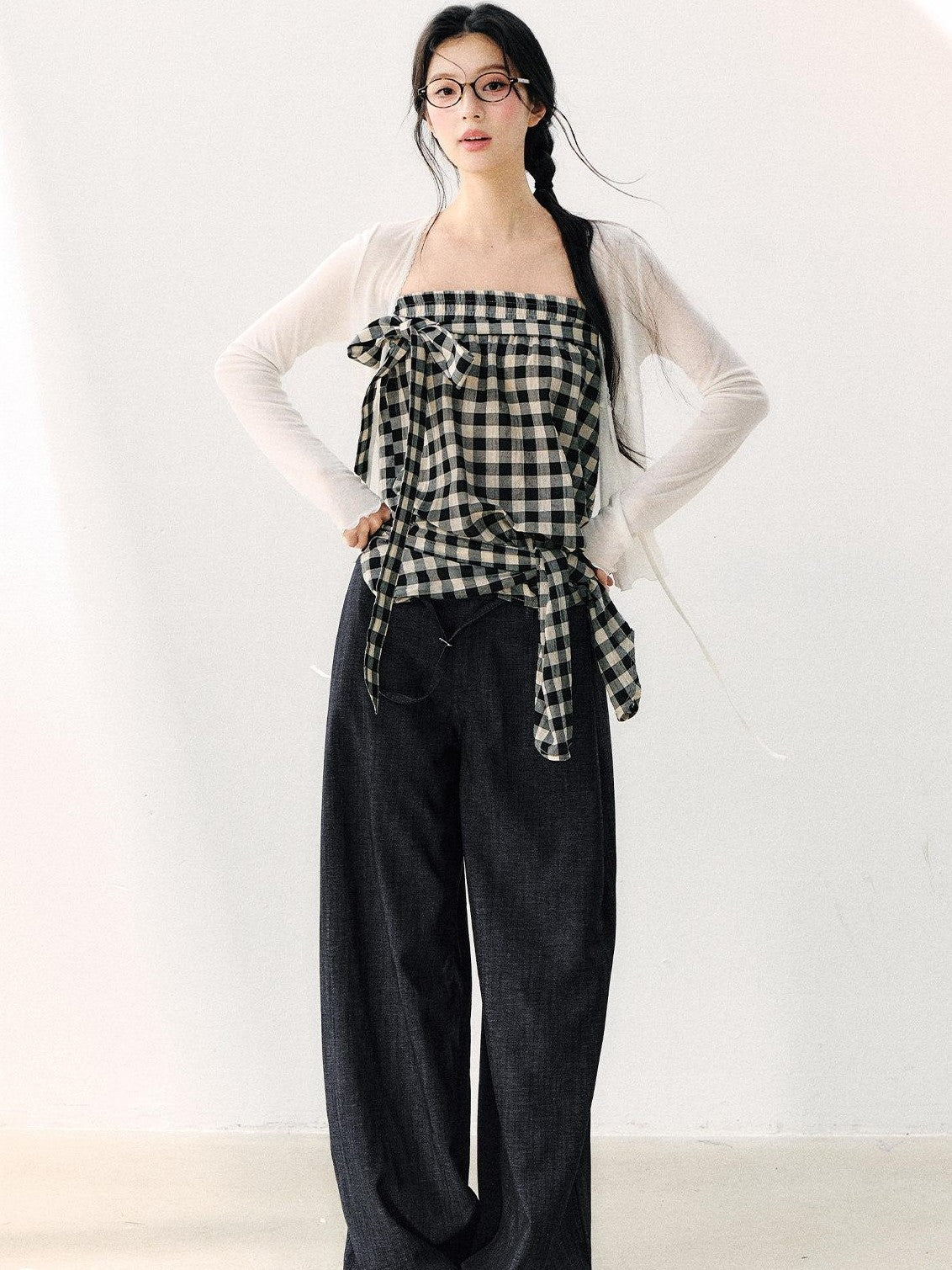 7Shiftin Washed Plaid One Shoulder Bow Ruched Waist Spliced Women&