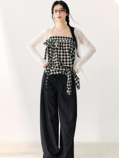 7Shiftin Washed Plaid One Shoulder Bow Ruched Waist Spliced Women&