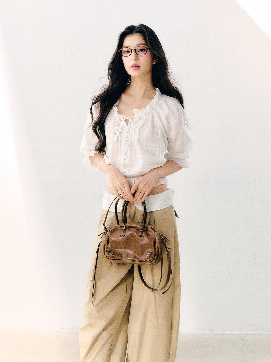 7Shiftin Wavy Pleated Ruffle Collar Puff Sleeve Women&