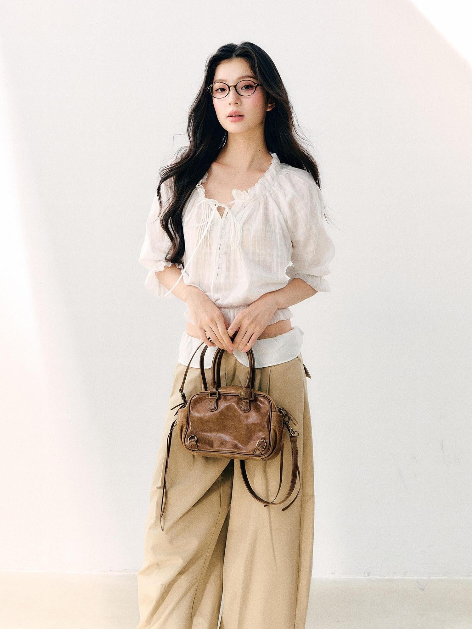 7Shiftin Wavy Pleated Ruffle Collar Puff Sleeve Women&