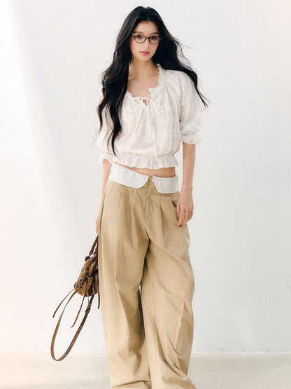 7Shiftin Wavy Pleated Ruffle Collar Puff Sleeve Women&