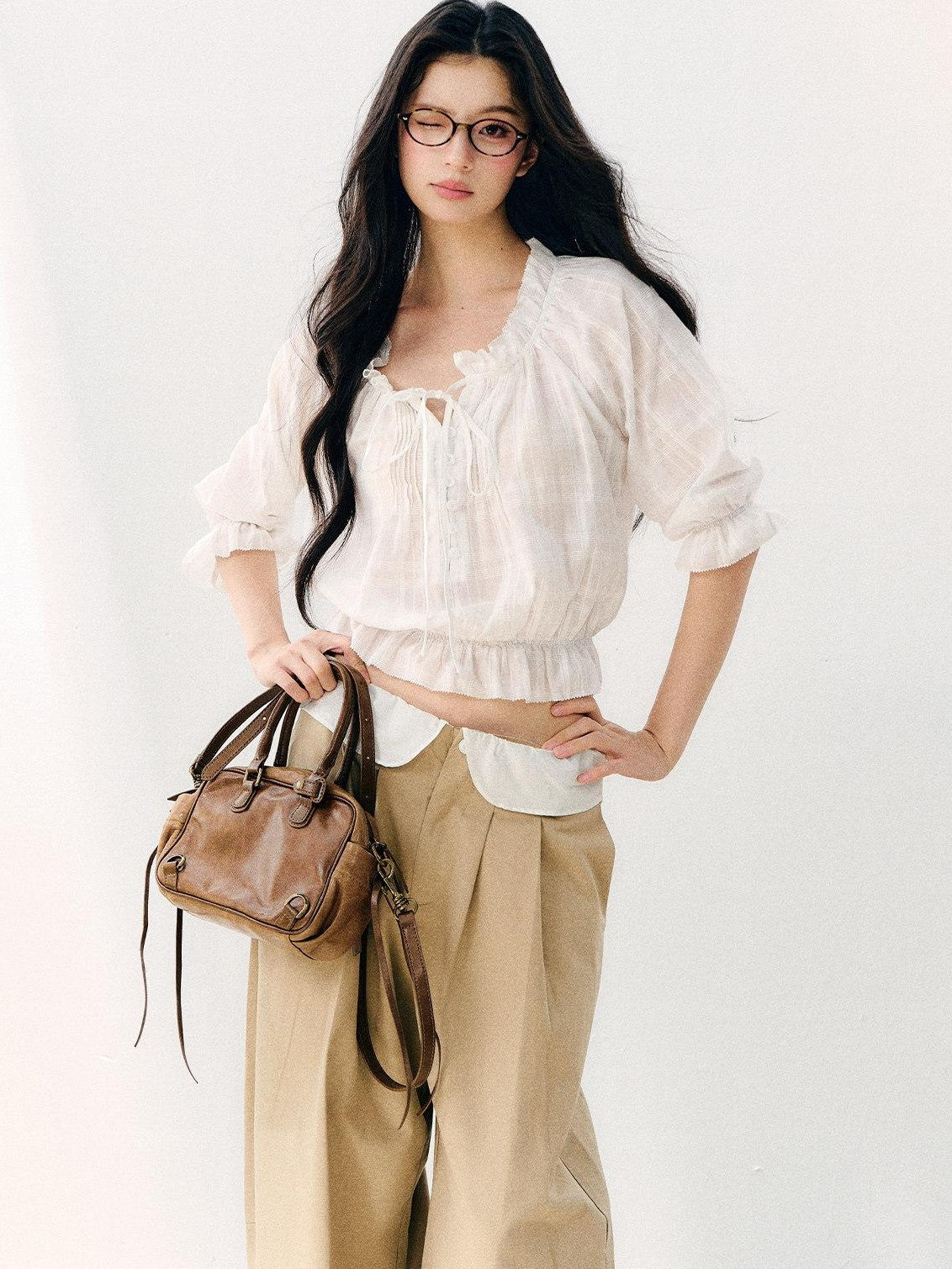 7Shiftin Wavy Pleated Ruffle Collar Puff Sleeve Women&