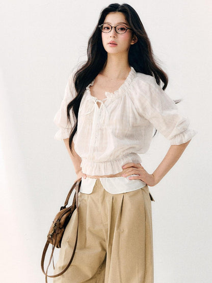 7Shiftin Wavy Pleated Ruffle Collar Puff Sleeve Women&