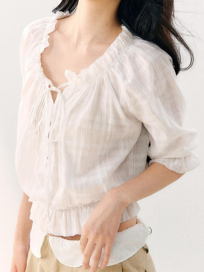 7Shiftin Wavy Pleated Ruffle Collar Puff Sleeve Women&