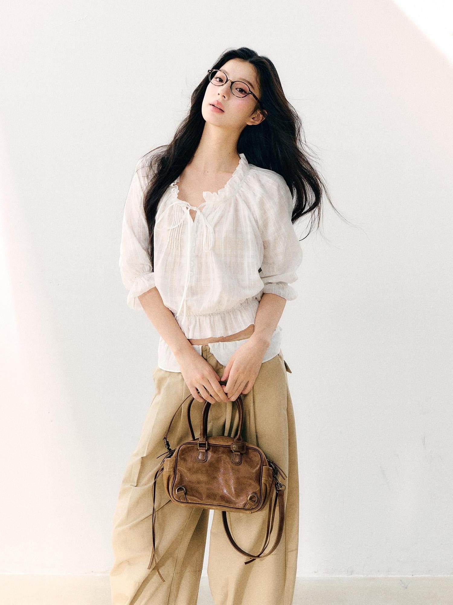 7Shiftin Wavy Pleated Ruffle Collar Puff Sleeve Women&