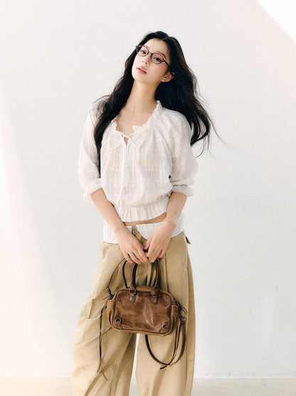 7Shiftin Wavy Pleated Ruffle Collar Puff Sleeve Women&