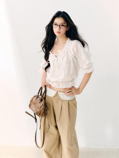 7Shiftin Wavy Pleated Ruffle Collar Puff Sleeve Women&