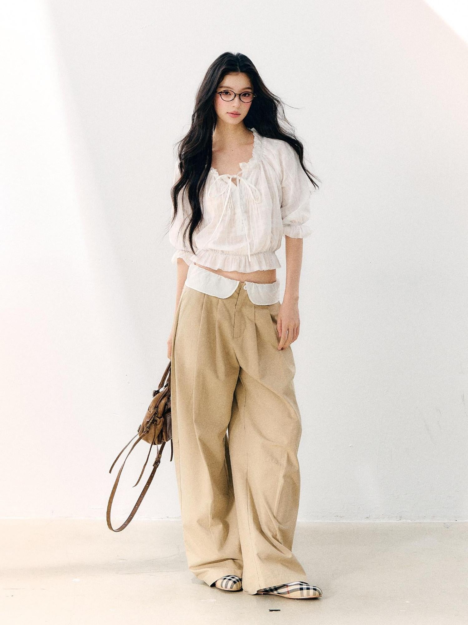 7Shiftin Wavy Pleated Ruffle Collar Puff Sleeve Women&