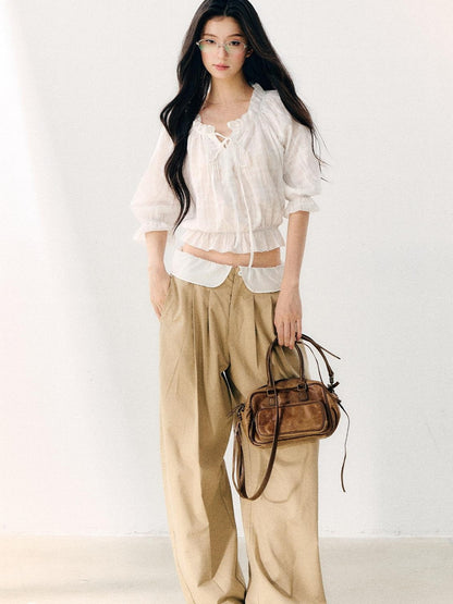 7Shiftin Wavy Pleated Ruffle Collar Puff Sleeve Women&