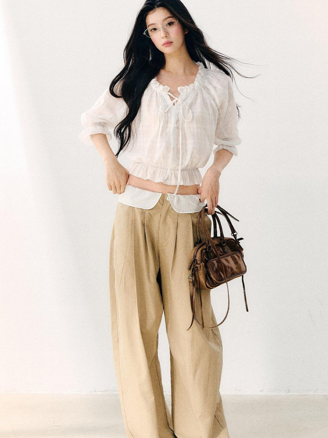 7Shiftin Wavy Pleated Ruffle Collar Puff Sleeve Women&