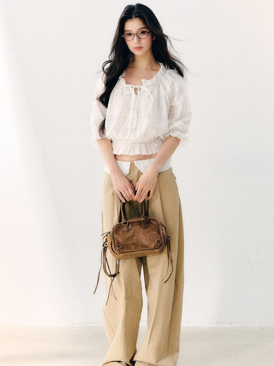 7Shiftin Wavy Pleated Ruffle Collar Puff Sleeve Women&