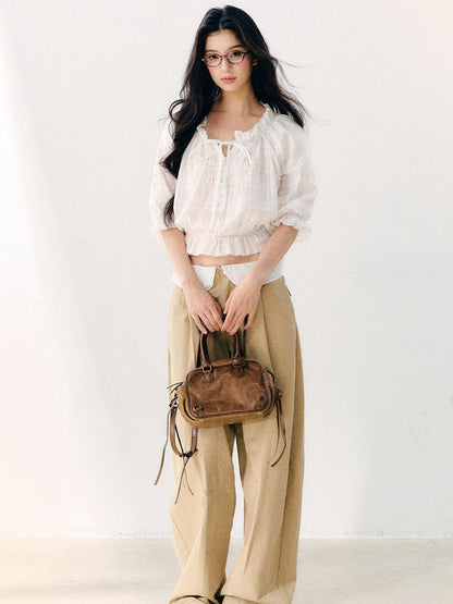 7Shiftin Wavy Pleated Ruffle Collar Puff Sleeve Women&